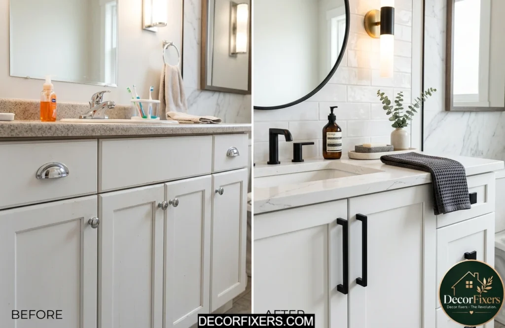 Bathroom vanity updated with modern matte black hardware replacing outdated builder-grade cabinet pulls