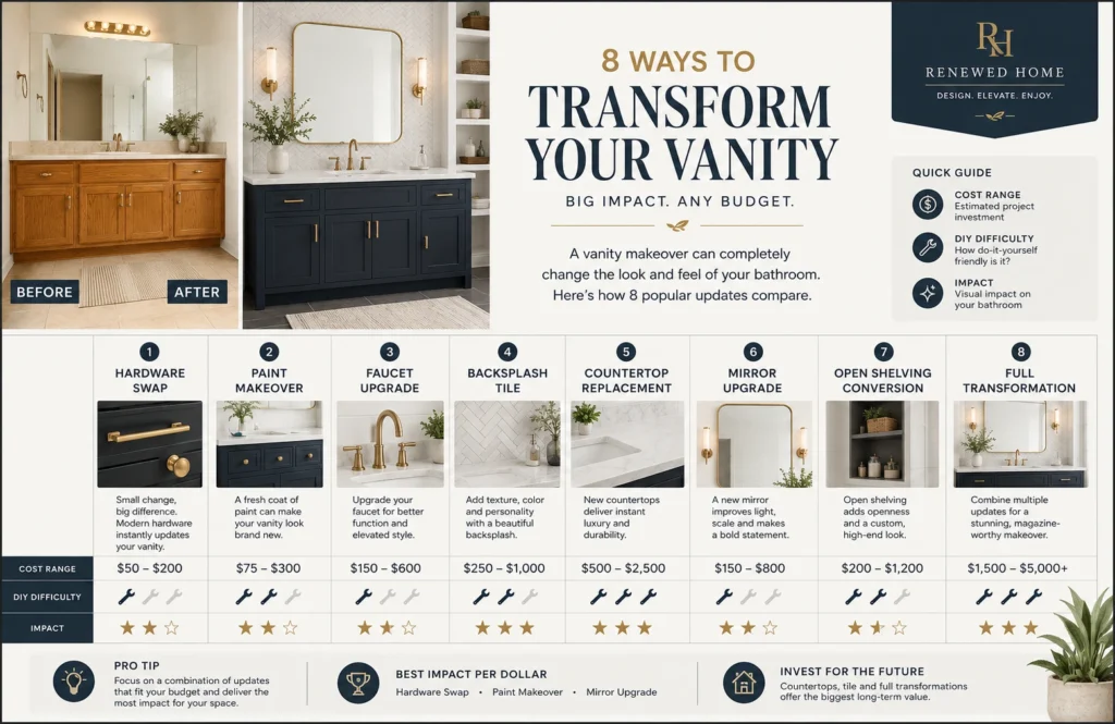 Bathroom vanity makeover comparison chart showing DIY upgrade ideas, costs, difficulty levels, and renovation alternatives
