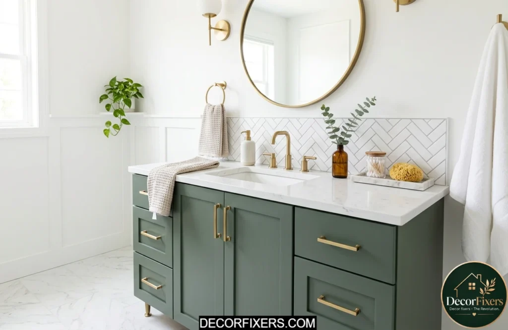Deep sage painted bathroom vanity makeover using cabinet enamel for a modern budget-friendly update