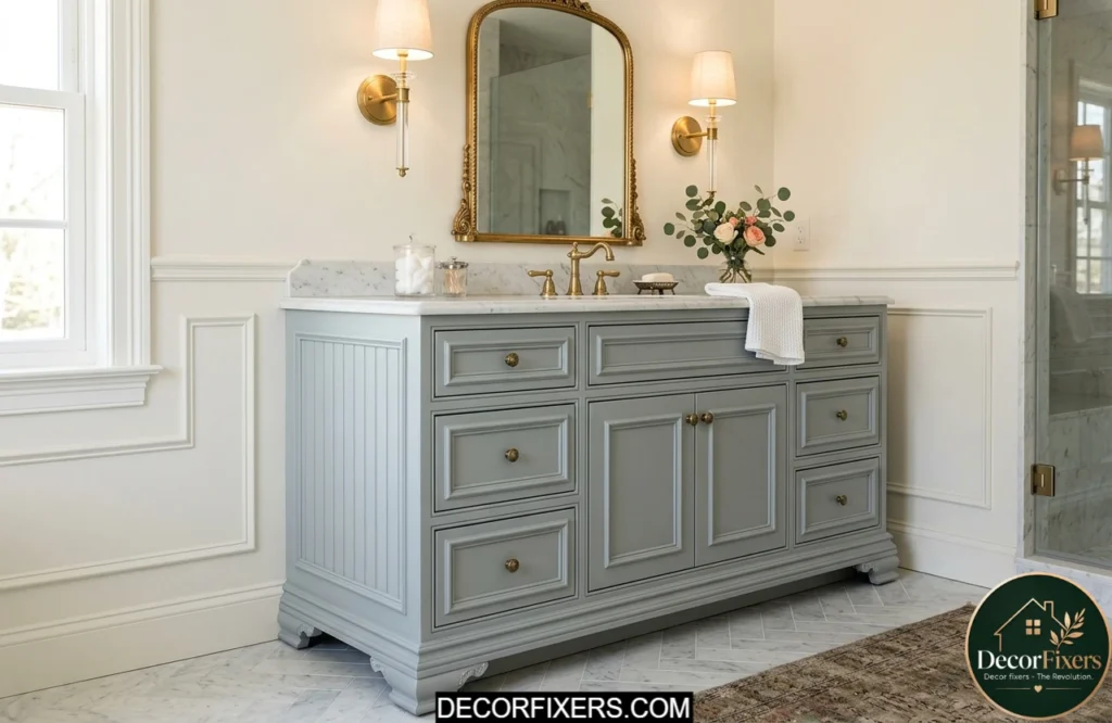 Bathroom vanity customized with beadboard panels and decorative trim molding