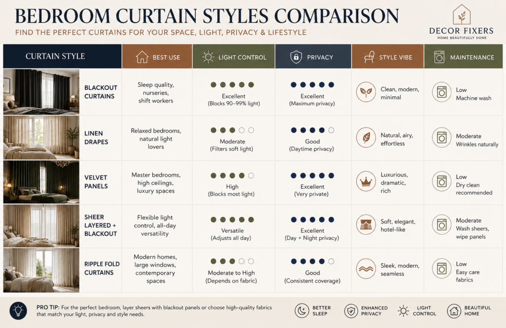 Bedroom curtain styles comparison chart with benefits and best uses