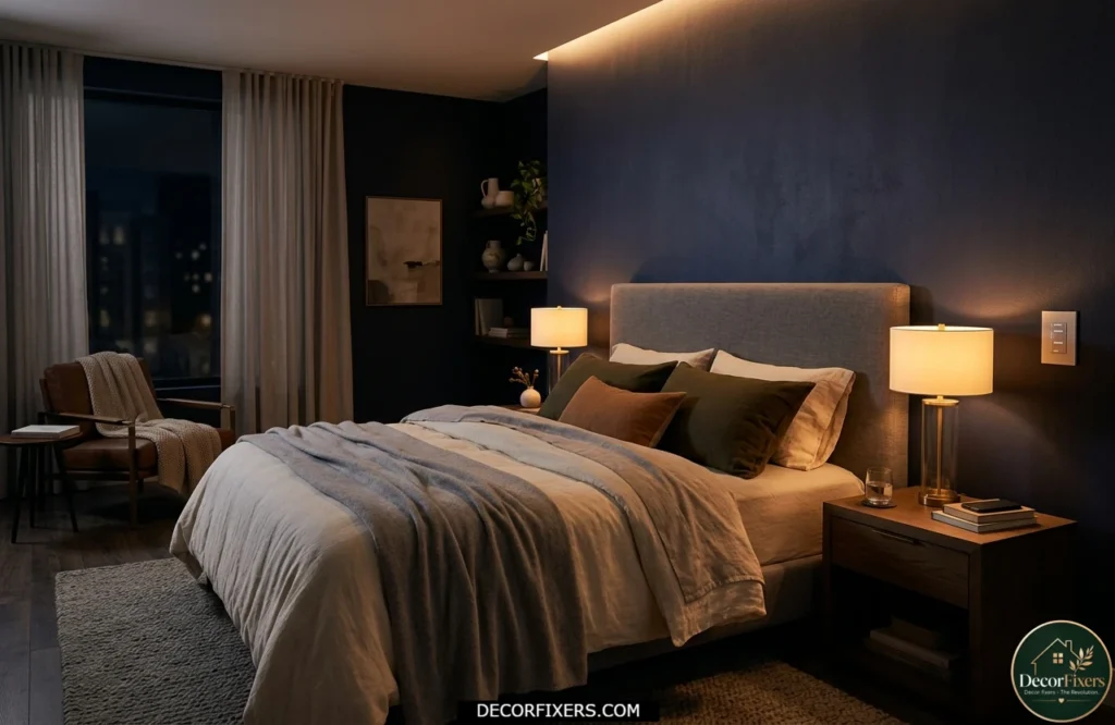 Bedroom lighting dimmed to create a cozy sleep-friendly atmosphere