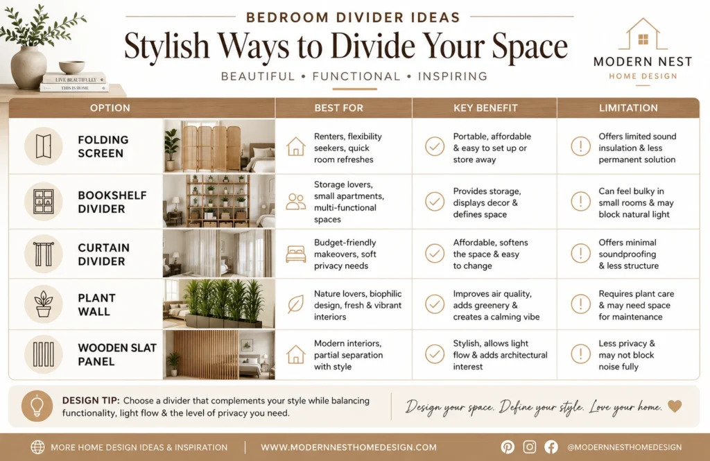 Bedroom divider comparison table showing the best room separation solutions, benefits, and limitations for small spaces and apartments