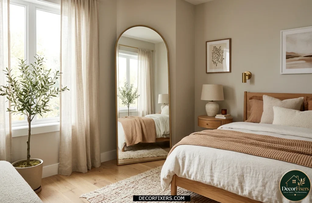 Cozy bedroom with a full-length mirror reflecting light to enhance the space.