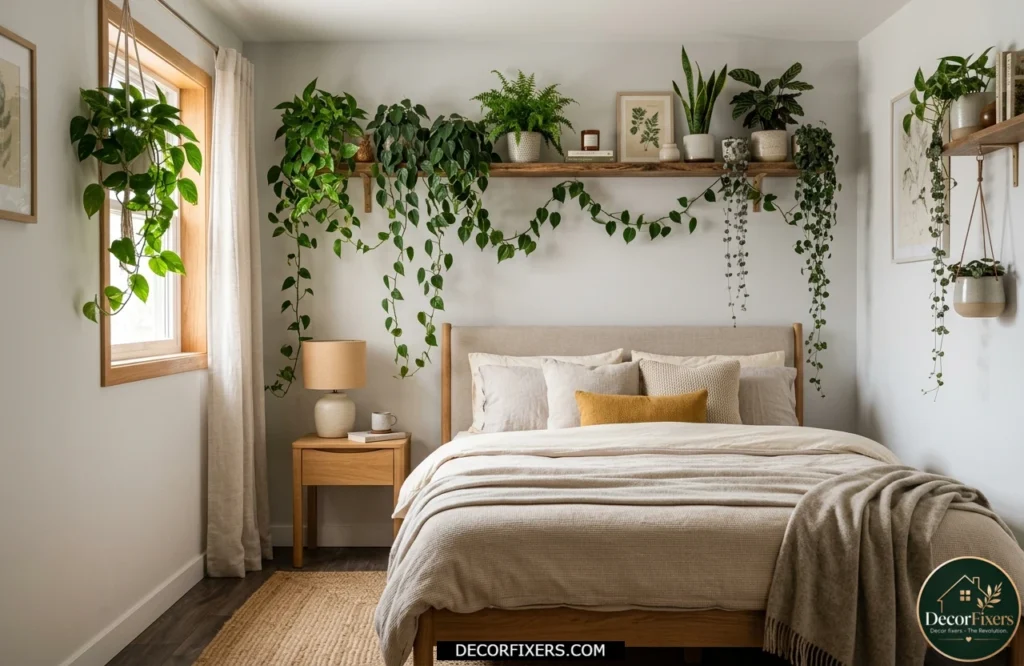 Small bedroom with indoor plants adding warmth and natural texture.