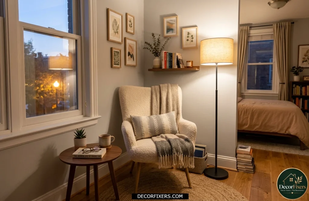 Cozy reading nook in a small bedroom with chair and floor lamp.