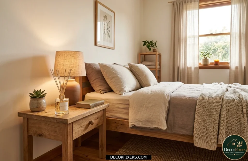 Cozy bedroom with a reed diffuser creating a relaxing retreat atmosphere.