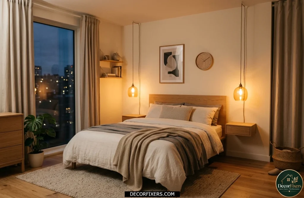 Pendant lights replacing bedside lamps in a small cozy bedroom