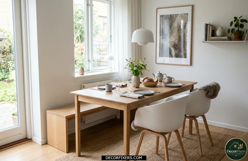 Dining table and bench combination reducing chair clearance requirements