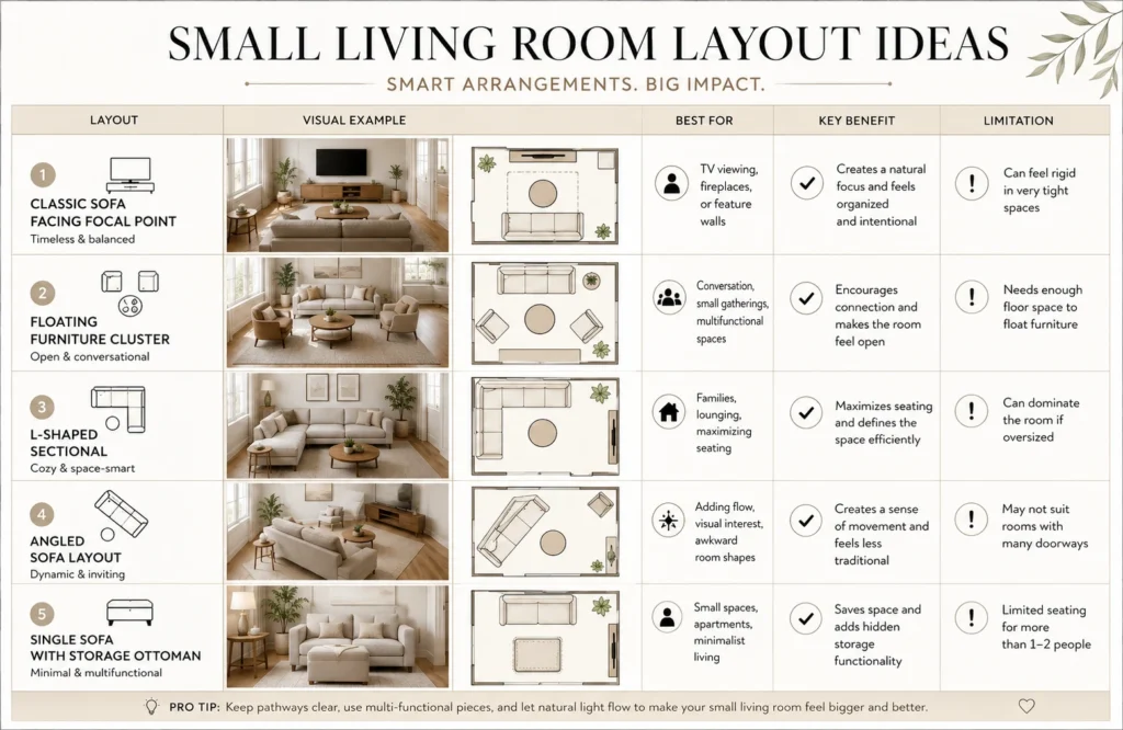 Comparison table of small living room furniture arrangement layouts and their benefits