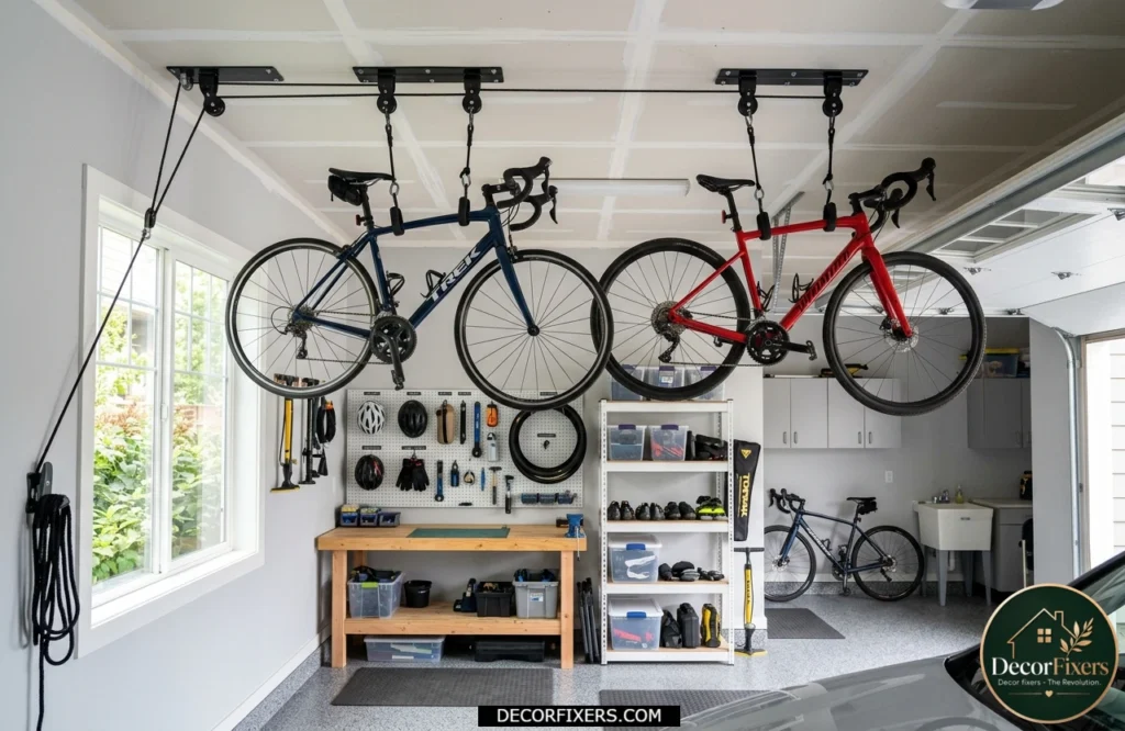 Bicycle stored overhead using a ceiling-mounted pulley lift system that saves floor space.