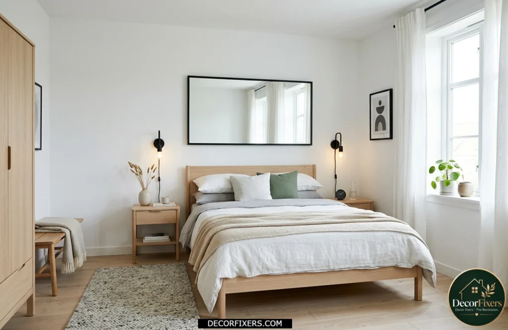 Minimalist white Scandinavian bedroom with black-framed mirror and subtle black accents.
