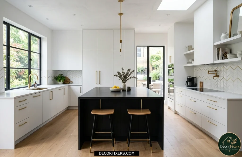 Matte black kitchen island creating bold contrast in a bright modern kitchen.
