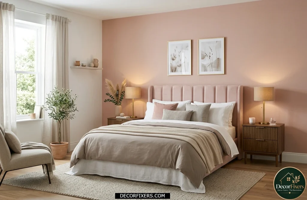 Adult bedroom with a blush pink accent wall behind the bed and neutral furnishings.