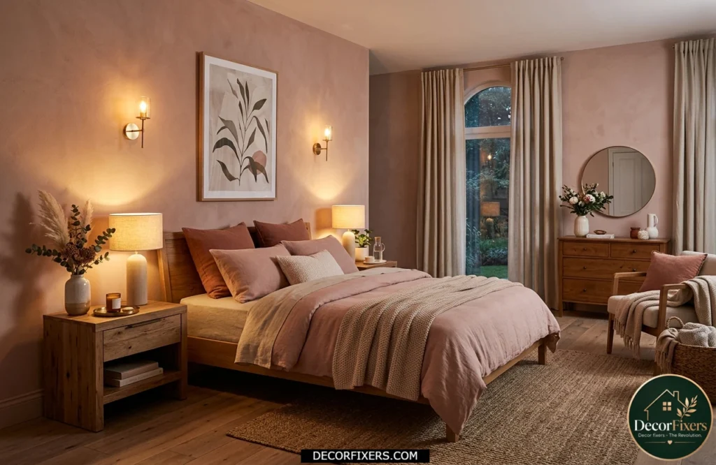 Blush pink bedroom with warm earthy undertones and elegant cozy styling.