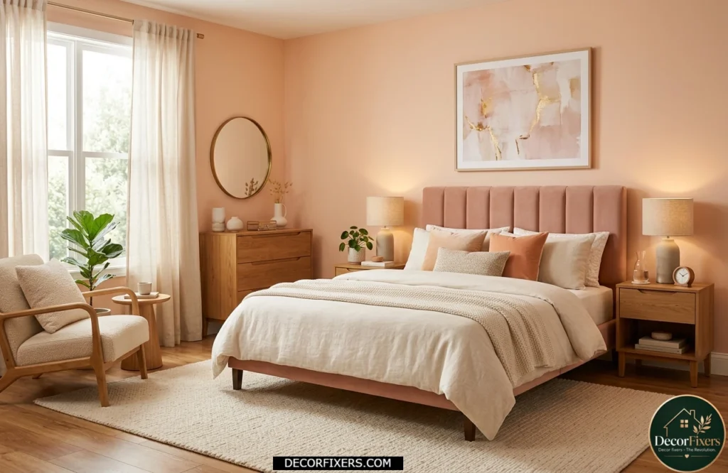 Warm blush pink bedroom designed to brighten a north-facing space.