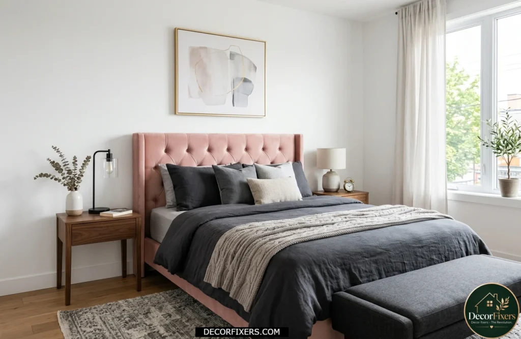 Bedroom featuring a blush velvet headboard against neutral walls and bedding.