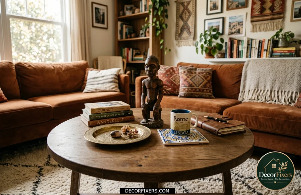 Boho-inspired round coffee table styled with woven textures, books, plants, and decorative accents.