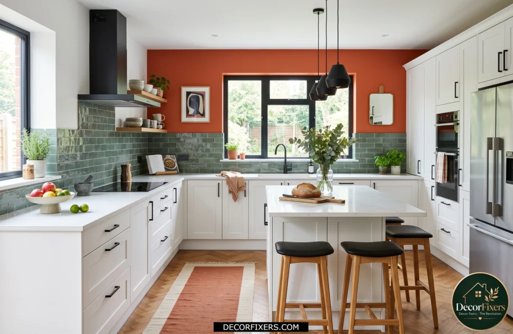 Sage green kitchen backsplash tile creating a bold and stylish focal point.