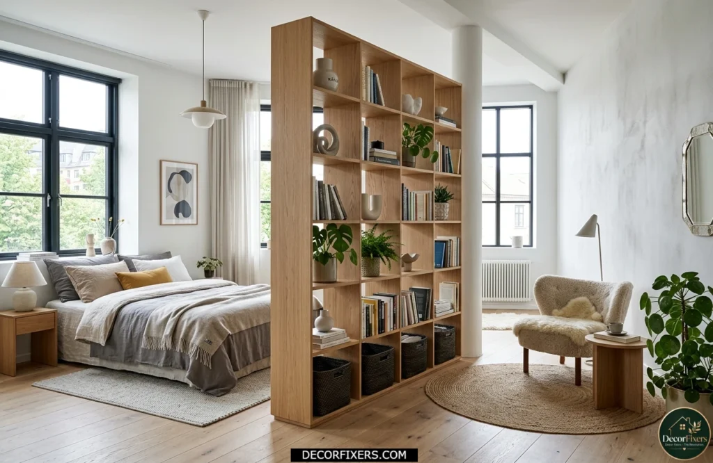 Tall bookshelf partition dividing bedroom zones while adding storage and display space