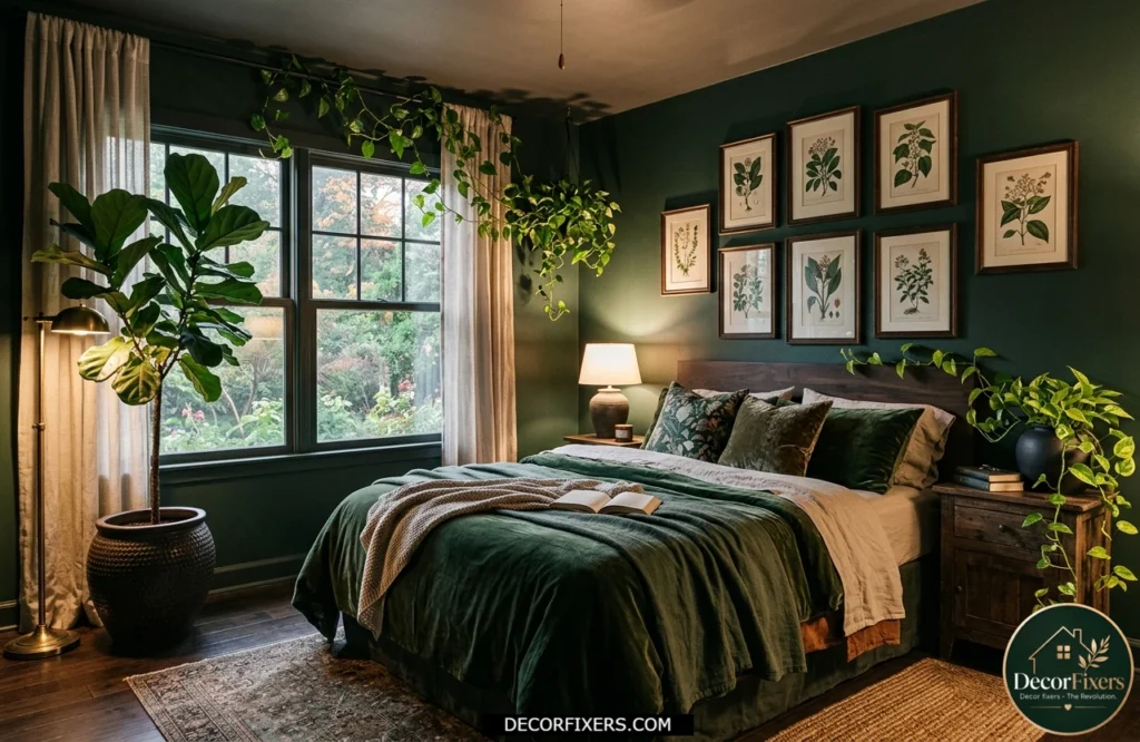 Moody botanical bedroom with deep green walls, indoor plants, and nature-inspired decor
