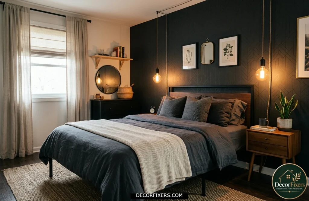 Affordable dark bedroom makeover using charcoal bedding, warm lighting, and a dark accent wall