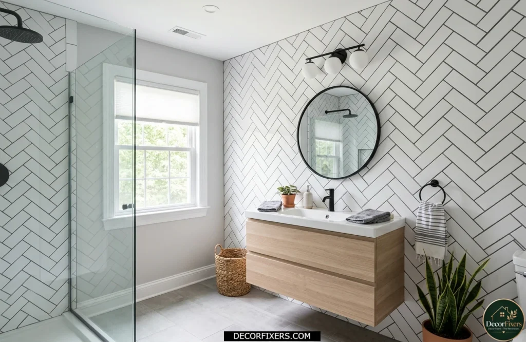 Designer-style bathroom using affordable ceramic tiles