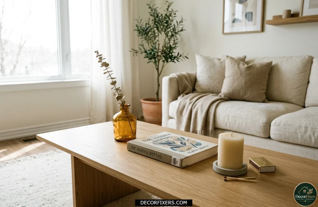 Budget-friendly coffee table styling with vase candle and book