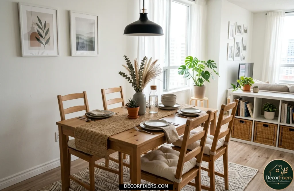 Affordable rectangular dining table styled for a modern rental apartment