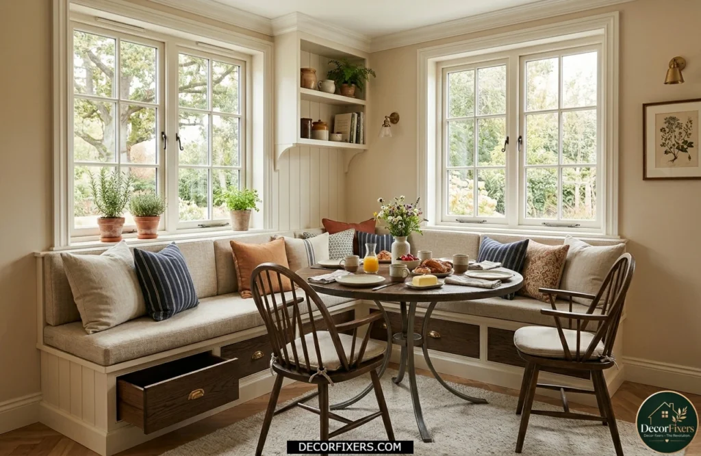 Built-in breakfast nook with storage maximizing corner dining space
