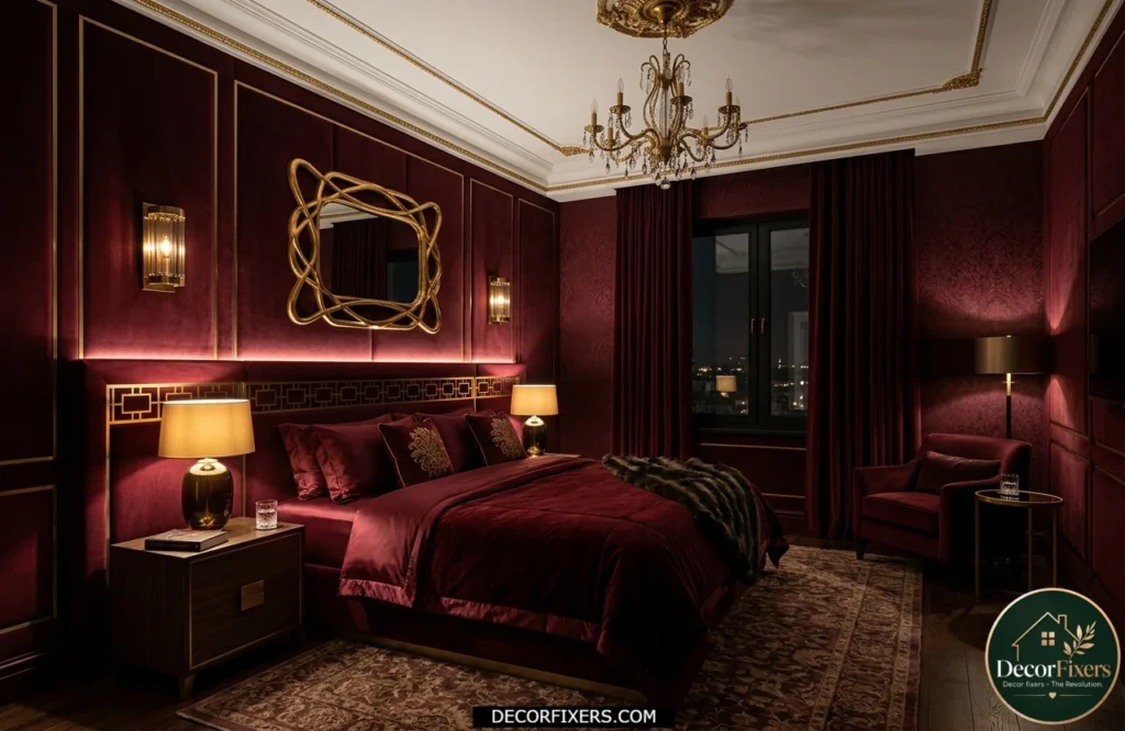 Deep burgundy bedroom with luxurious moody atmosphere and gold accent details.