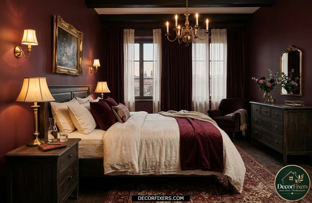 Romantic burgundy bedroom with cream linens, brass accents, and vintage-inspired luxury decor
