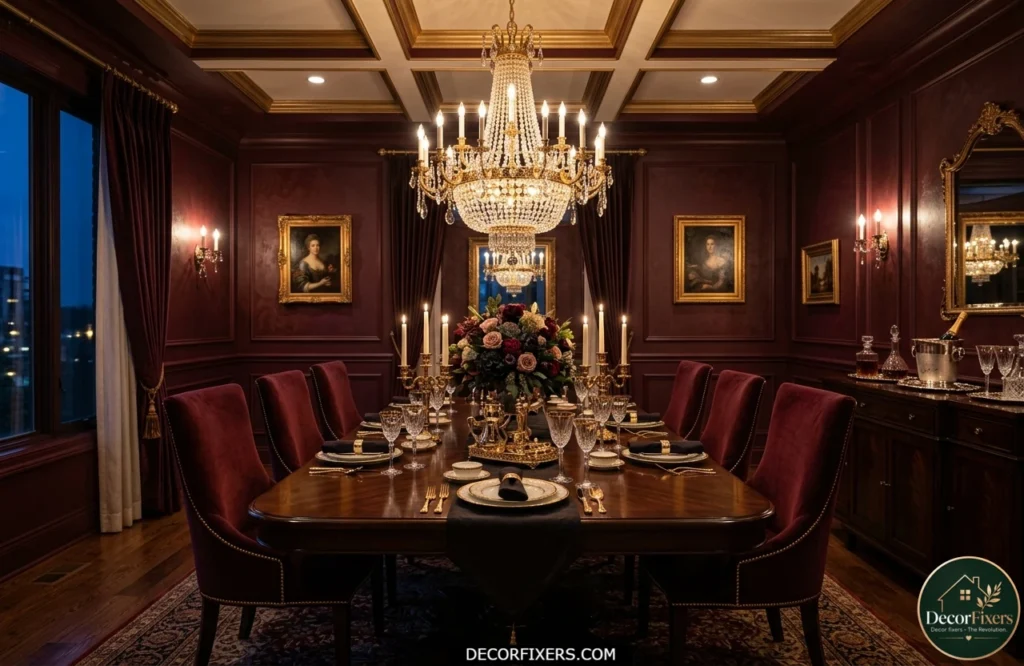 Burgundy dining room color idea with rich jewel tones and luxury decor