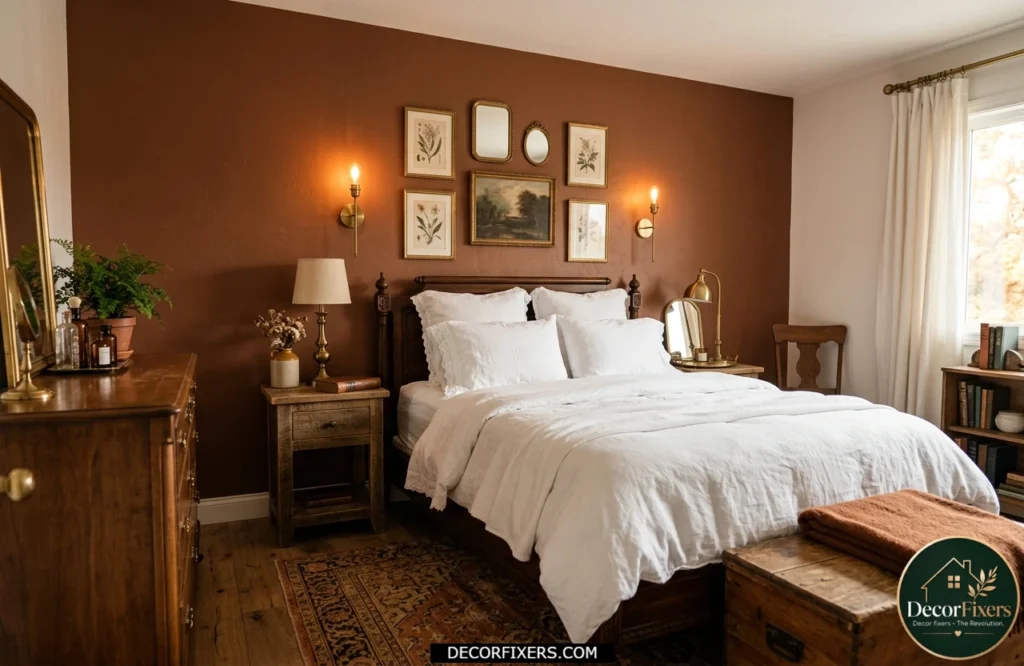 Burnt sienna accent wall bedroom with warm earthy tones and white bedding contrast.