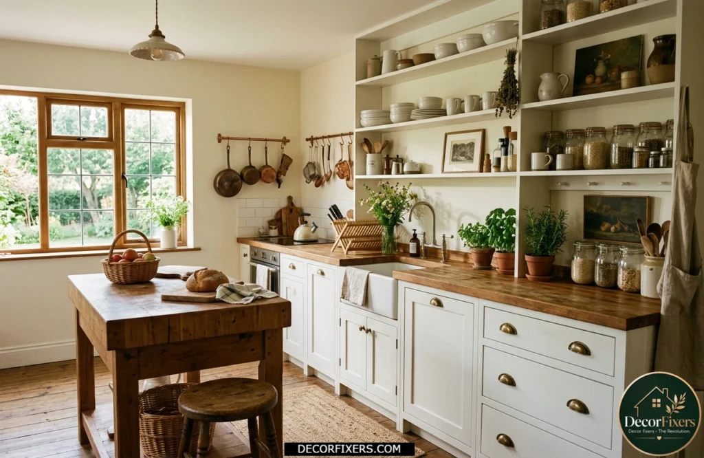 Farmhouse kitchen with natural butcher block countertops and rustic charm