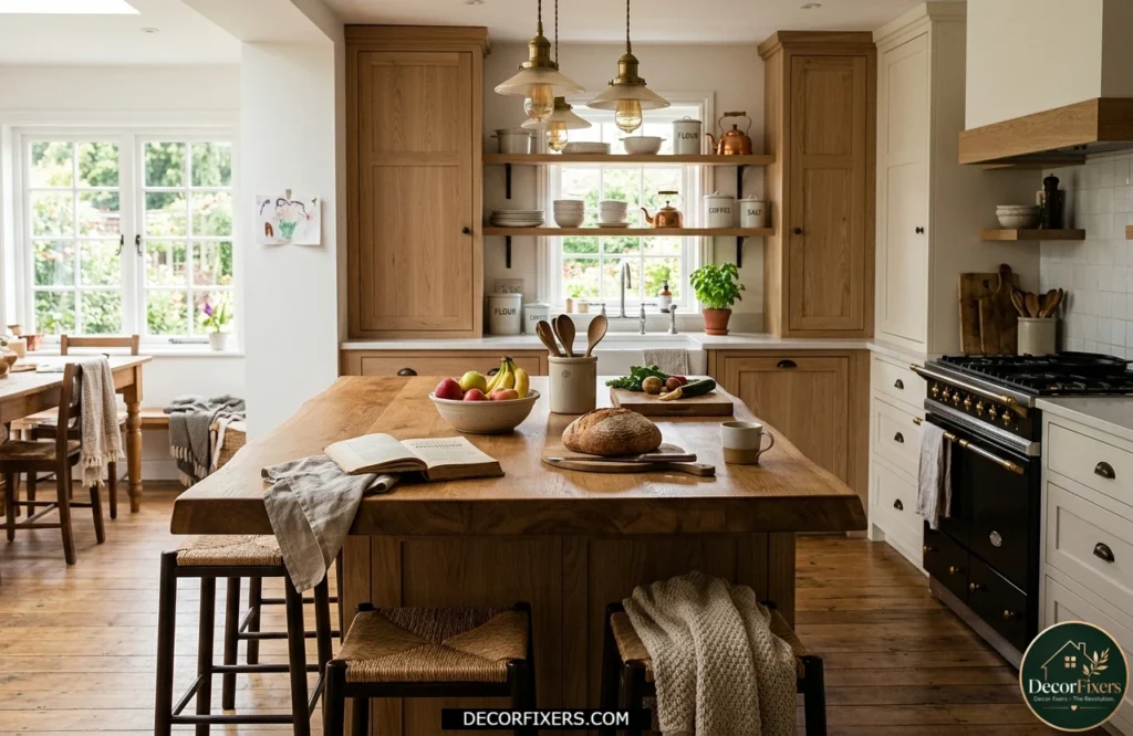 Kitchen island with a natural butcher block countertop in a warm farmhouse-inspired kitchen.