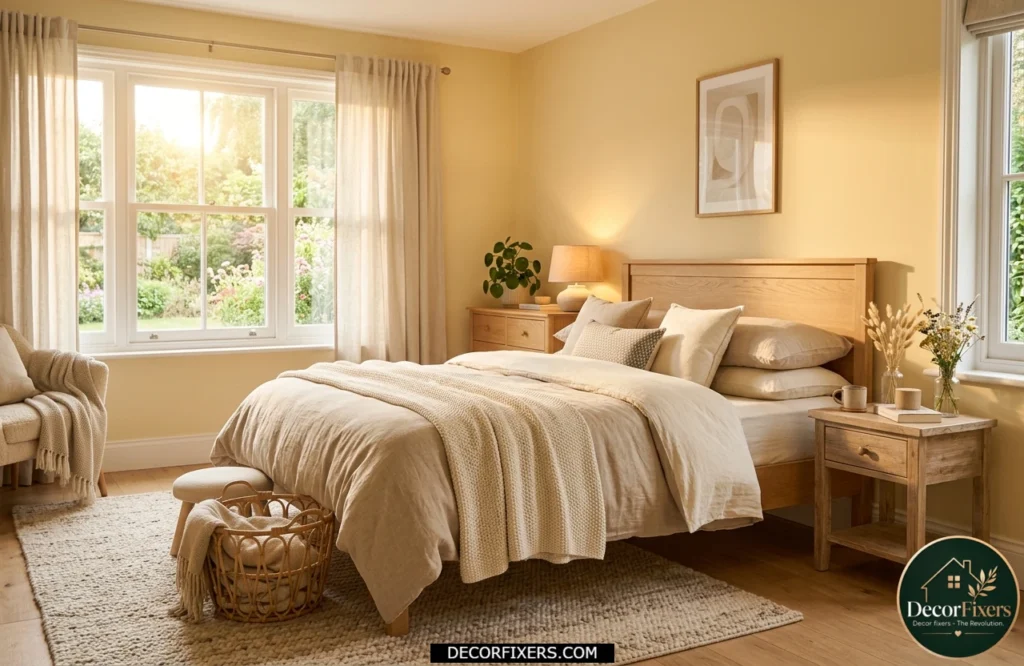 Buttercream yellow bedroom with soft sunlight tones and cozy neutral decor.