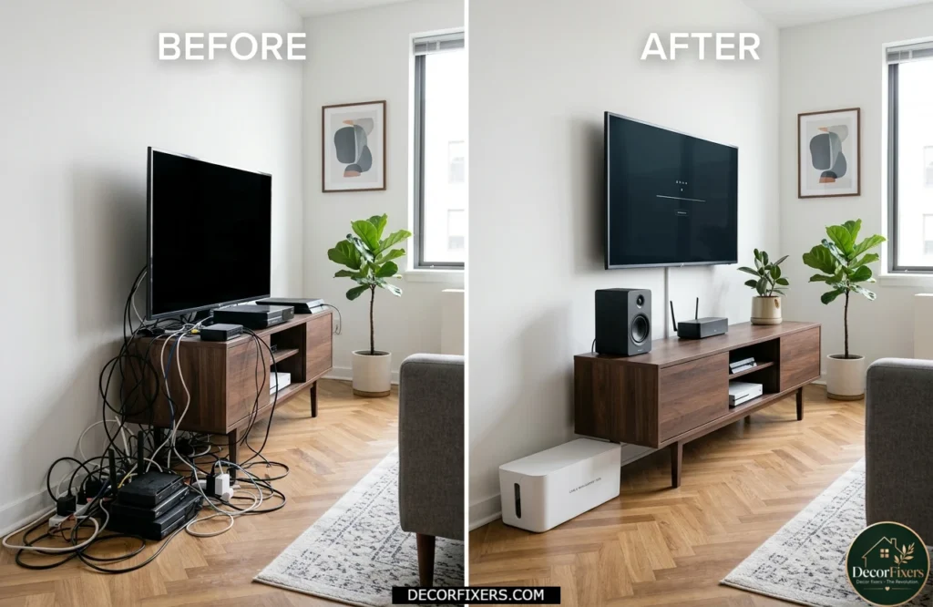 Cable management box hiding chargers, power strips, and electronic cords