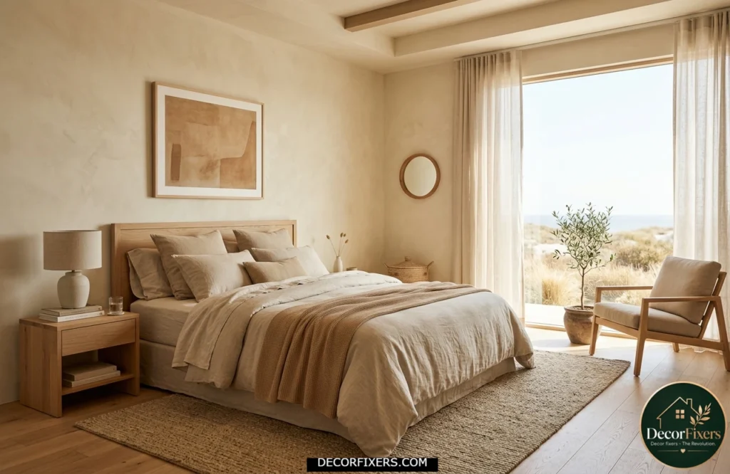 Sand and camel bedroom with soft neutral tones and warm sunlit cozy atmosphere.