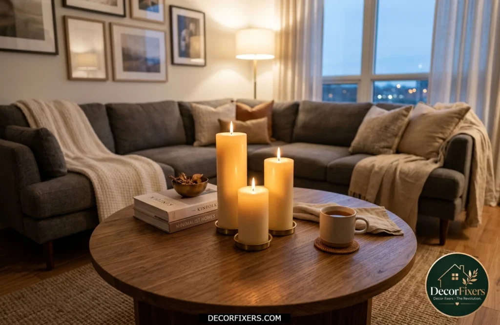 Round coffee table decorated with candles of varying heights creating a warm inviting atmosphere.