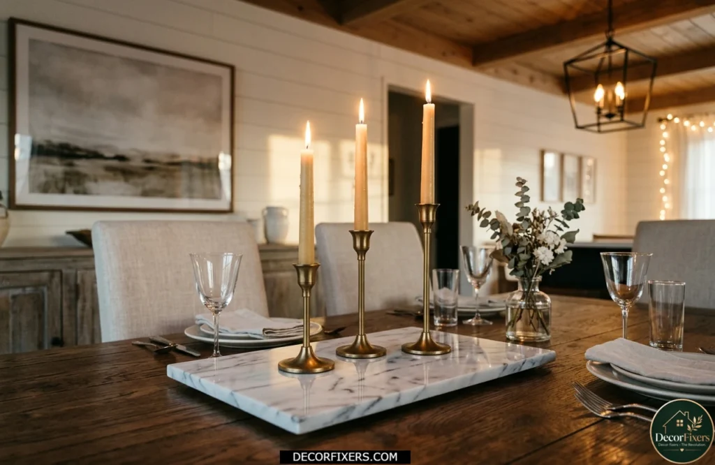 Brass candlestick cluster centerpiece displayed on a marble tray dining table