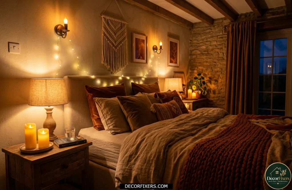 Flame-effect lighting creating the warmest possible cozy bedroom ambiance