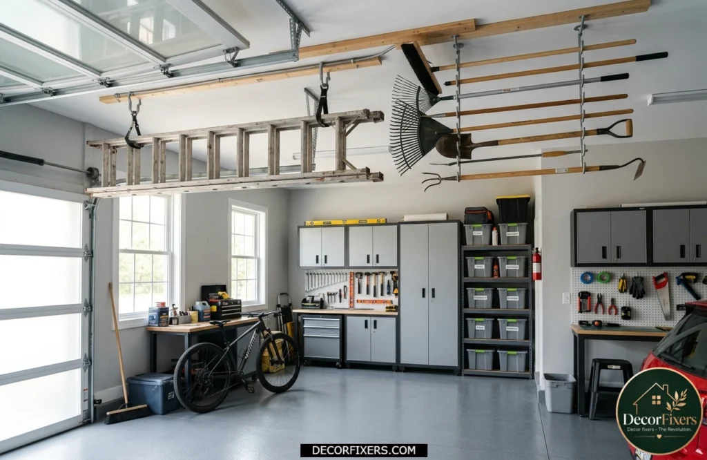 Extension ladder and long tools stored securely on heavy-duty garage ceiling hooks.