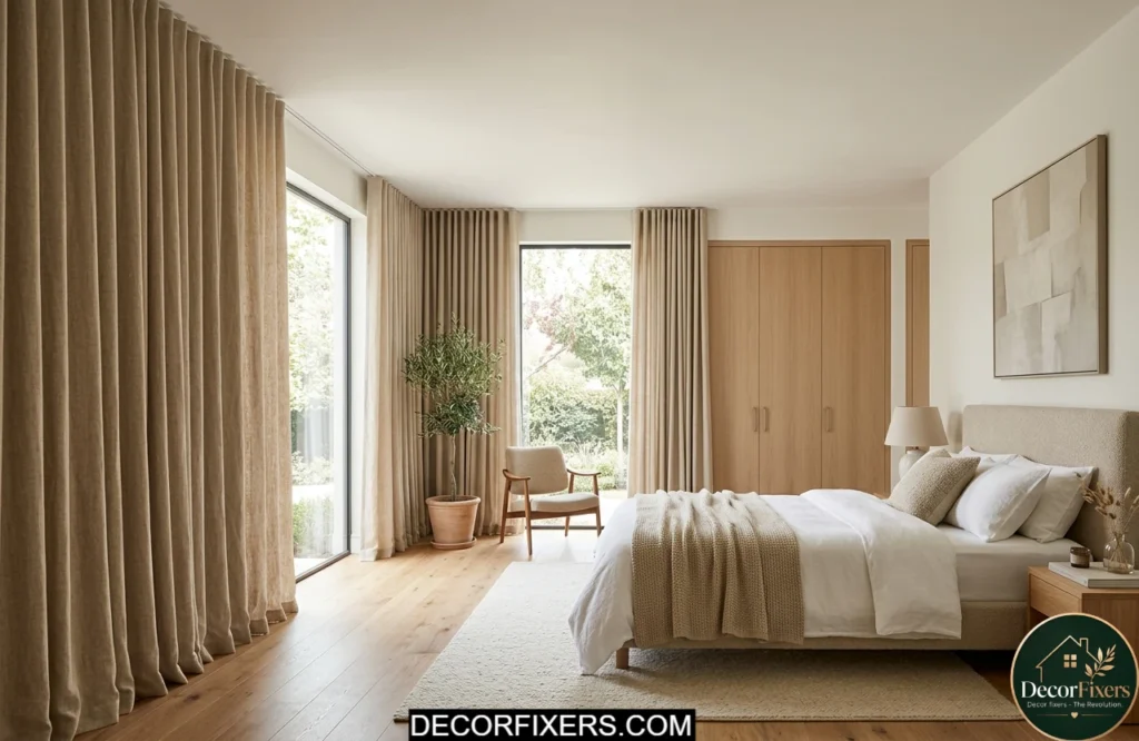 Ceiling-mounted curtain tracks making a bedroom appear taller