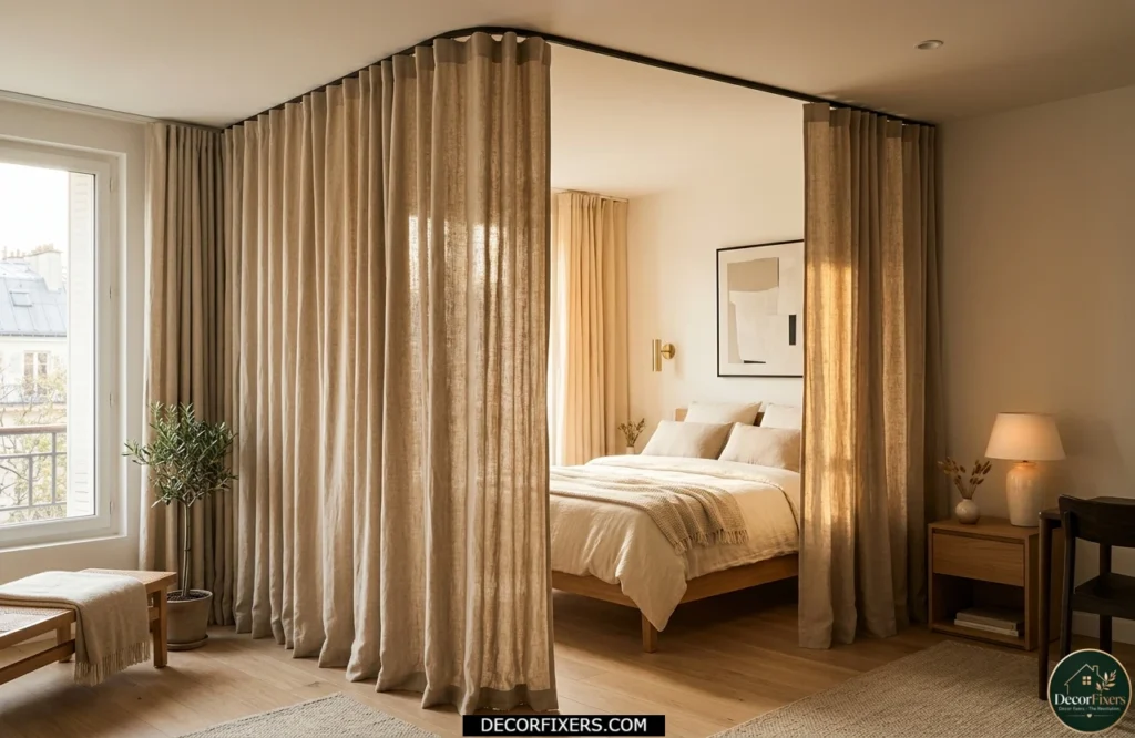 Floor-to-ceiling curtain divider creating a private bedroom zone in a studio apartment