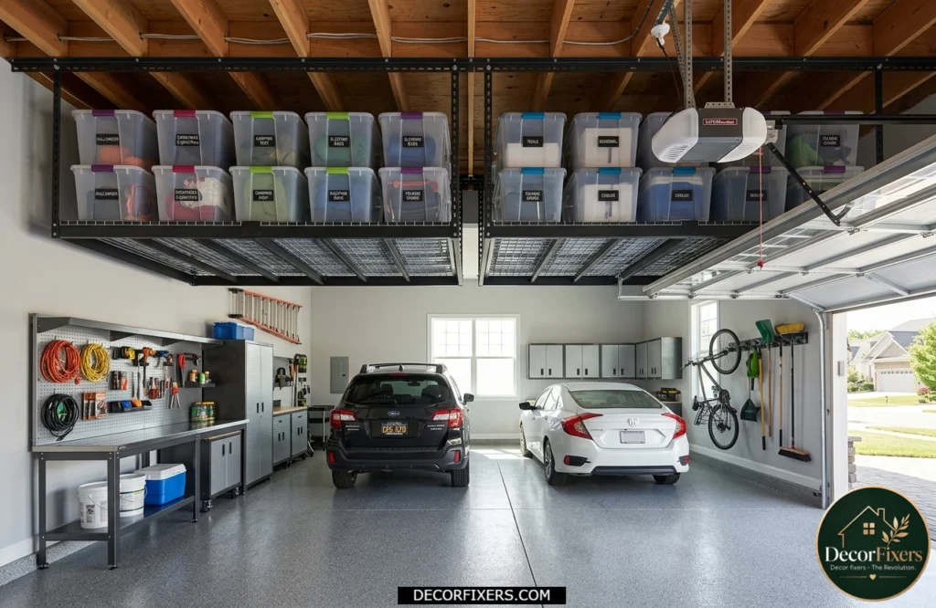 Steel overhead garage ceiling storage racks holding seasonal storage bins above a parked vehicle.
