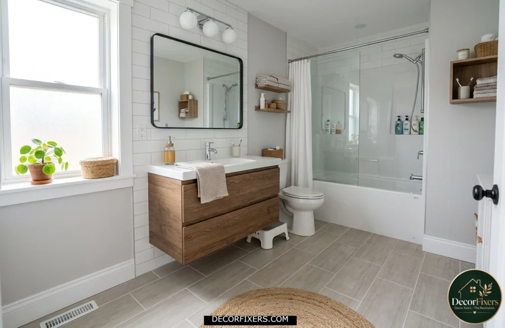 Budget-friendly ceramic bathroom floor tile installed in a classic brick-lay pattern.