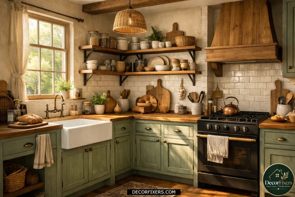 Rustic-modern kitchen with chalk-painted cabinet finishes