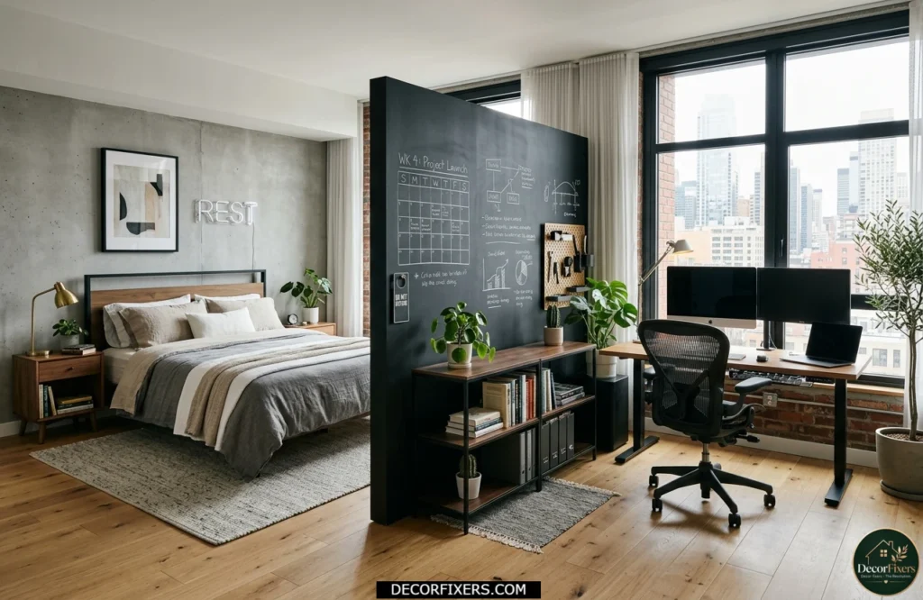 Freestanding chalkboard divider separating bedroom and home office areas