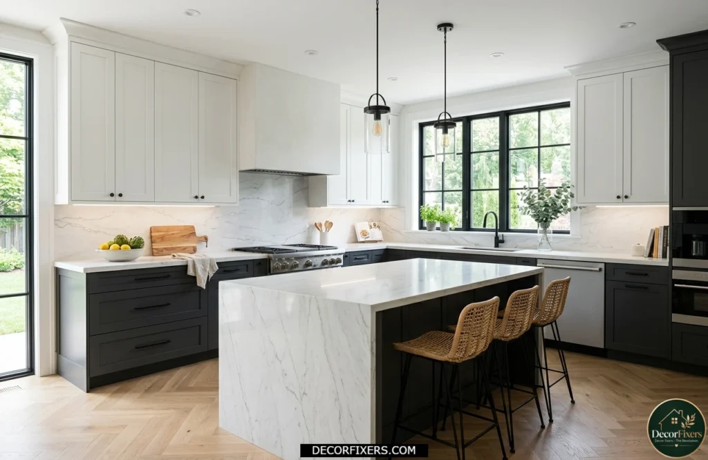 Charcoal grey lower cabinets paired with bright white upper cabinets in a luxury two-tone kitchen